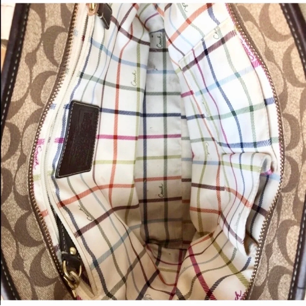 Coach Heritage Stripe Leather Tote, Monogram Canvas, Red Detail, Brown Beige Tan